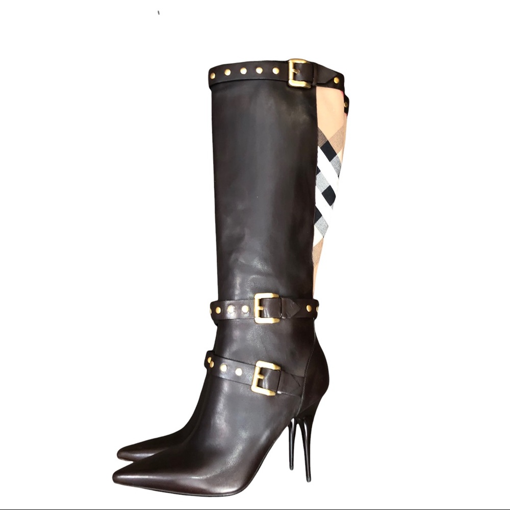 Burberry Brown Leather and Novacheck Canvas Bridle Rivet Knee Boots